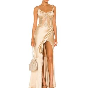 V Chapman Gold Satin and Lace Dress